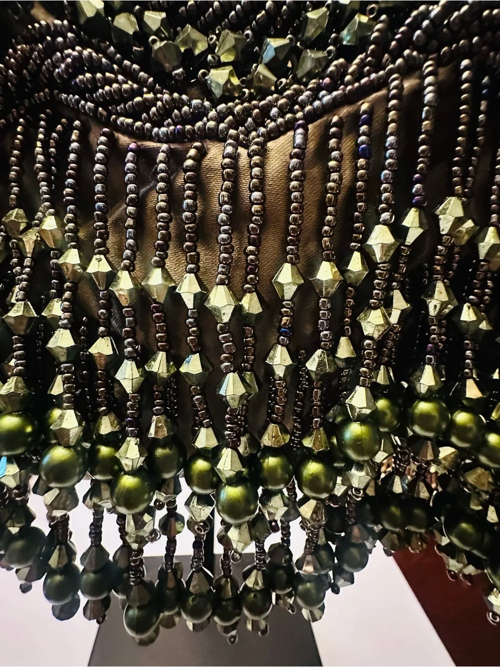 Olive Green Satin Beaded Mary Frances Inspired design Clutch/Purse with chain NW